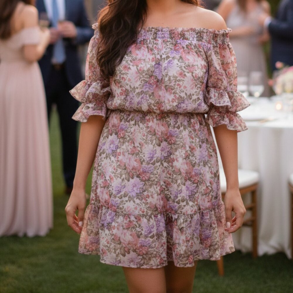 ee:some Rose Floral Mini Dress Sz Small Smocked Ruffle Boho Cottagecore Coquette